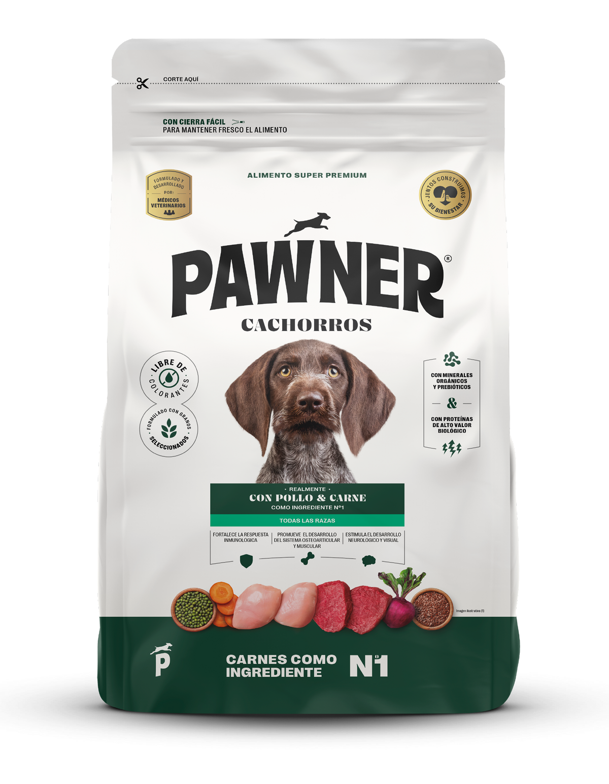Pawner | Dog cachorros todas las razas con pollo y carne – empaque frontal