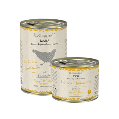 Dr.Clauder’s BARF Komplett Cat, pollo Ratatouille para gatos · latas de 400 g y 200 g