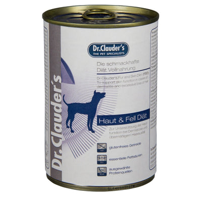 Dr.Clauder’s Haut & Fell Diät, piel y pelaje — húmedo para perros · lata de 400 g, diseño anterior de la lata