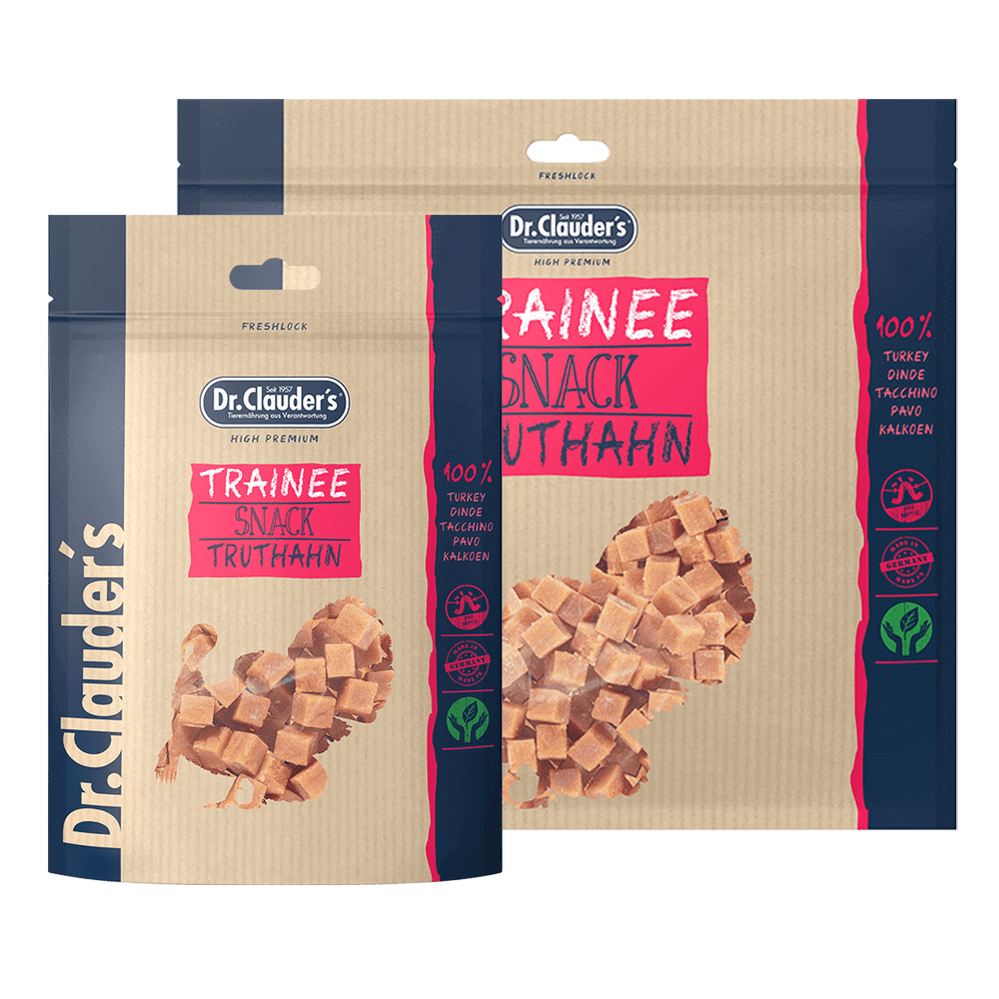 Dr.Clauder’s Trainee Snack, pavo para perros y gatos · bolsa con los snacks