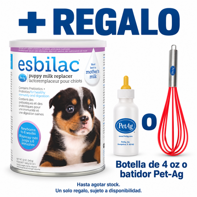 Esbilac | Leche de reemplazo en polvo para perros cachorros 340 g con 1 botella de 4 oz o 1 batidor Pet-Ag de regalo. Incluye un solo regalo, sujeto a disponibilidad. Hasta agotar stock.