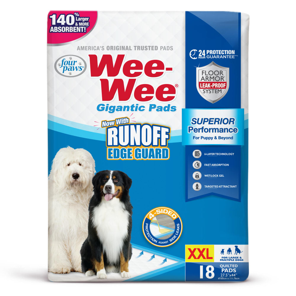 Four Paws Wee-Wee Gigantic con Runoff Edge Guard, 18 empapadores · envase frontal (diseño vigente)