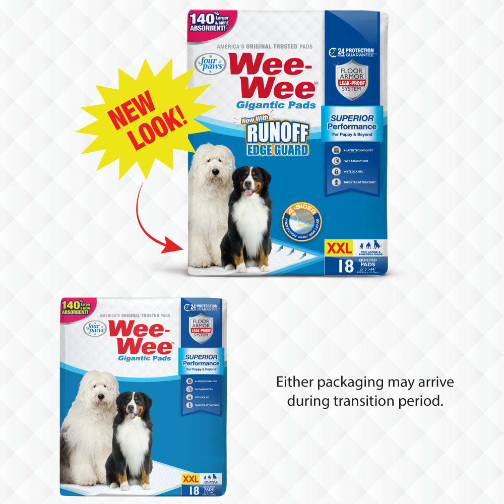 Four Paws Wee-Wee Gigantic con Runoff Edge Guard, 18 empapadores · envase nuevo y anterior