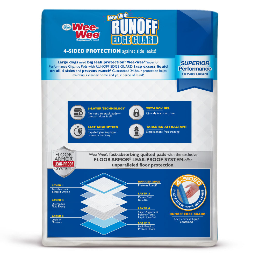 Four Paws Wee-Wee Gigantic con Runoff Edge Guard, 18 empapadores · envase posterior