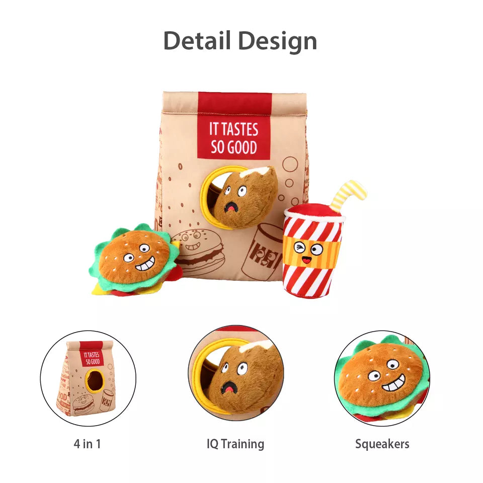 Gigwi Hide N’ Seek | Bolsa interactiva Fast Food para perros — foto oficial GiGwi