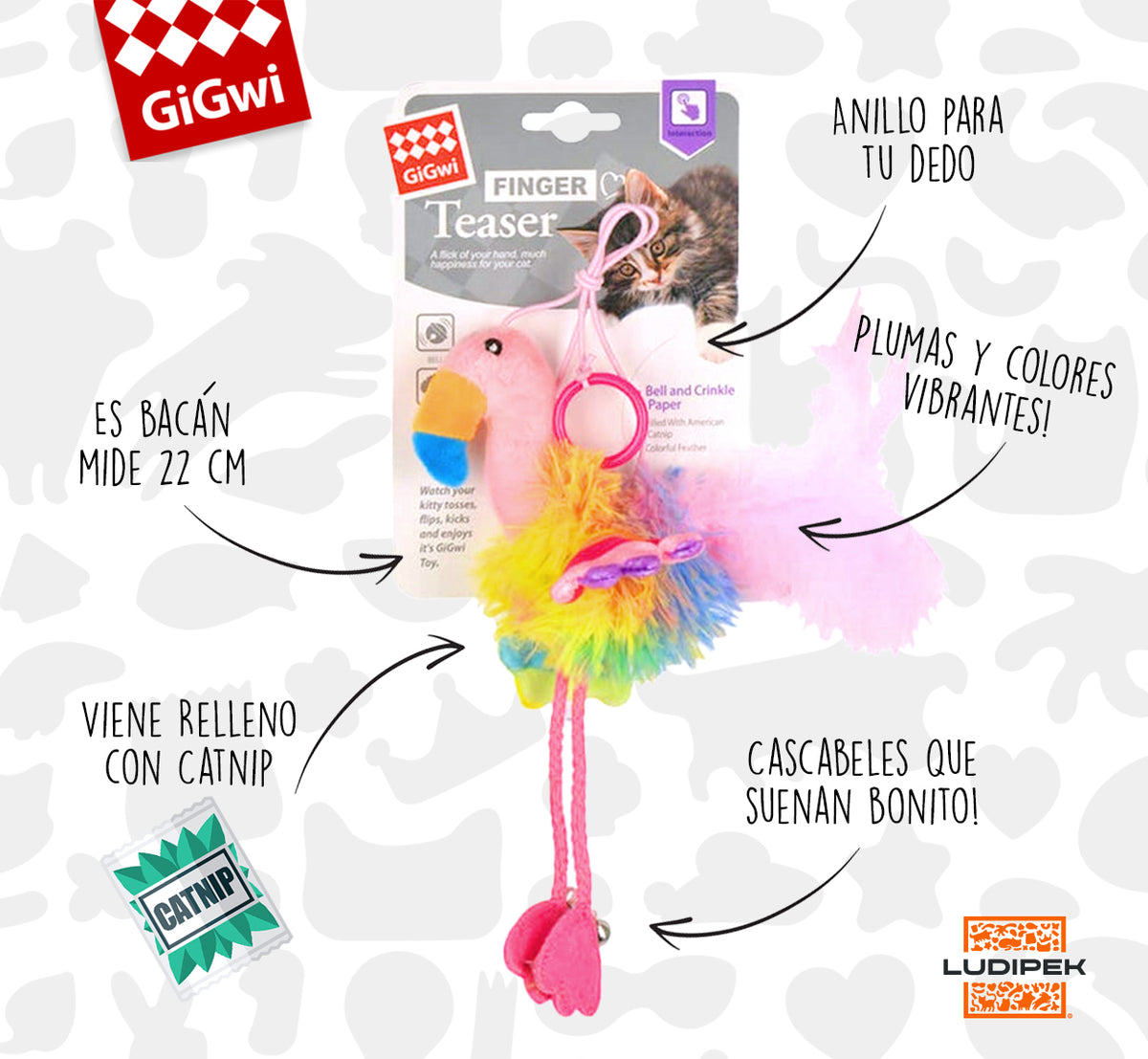 Gigwi | Juguete para gatos Finger ring pájaro rosado y azul con papel arrugado y campana dentro — foto oficial GiGwi