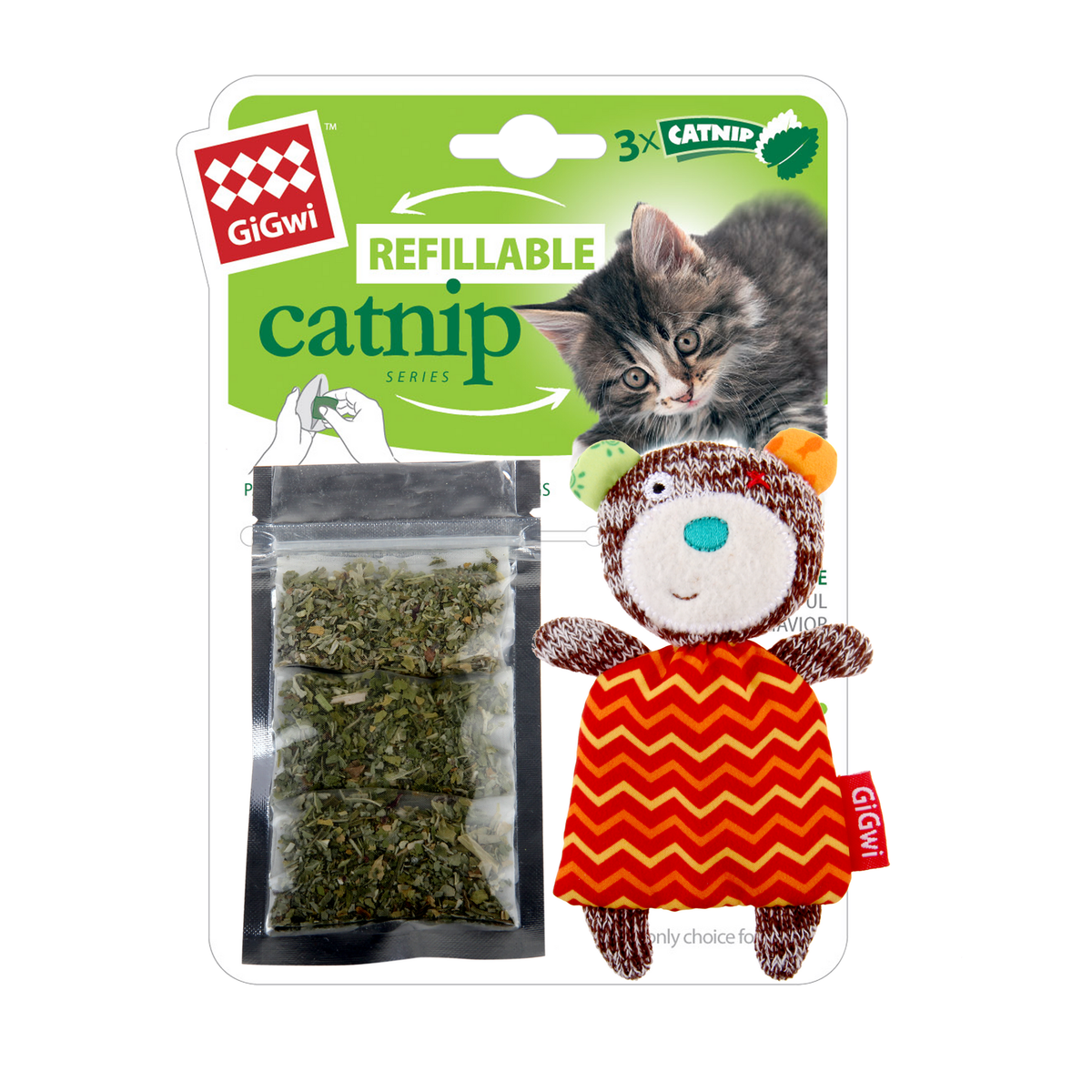 Gigwi Refillable Catnip | Oso con 3 bolsitas de recambio para gatos — foto oficial GiGwi