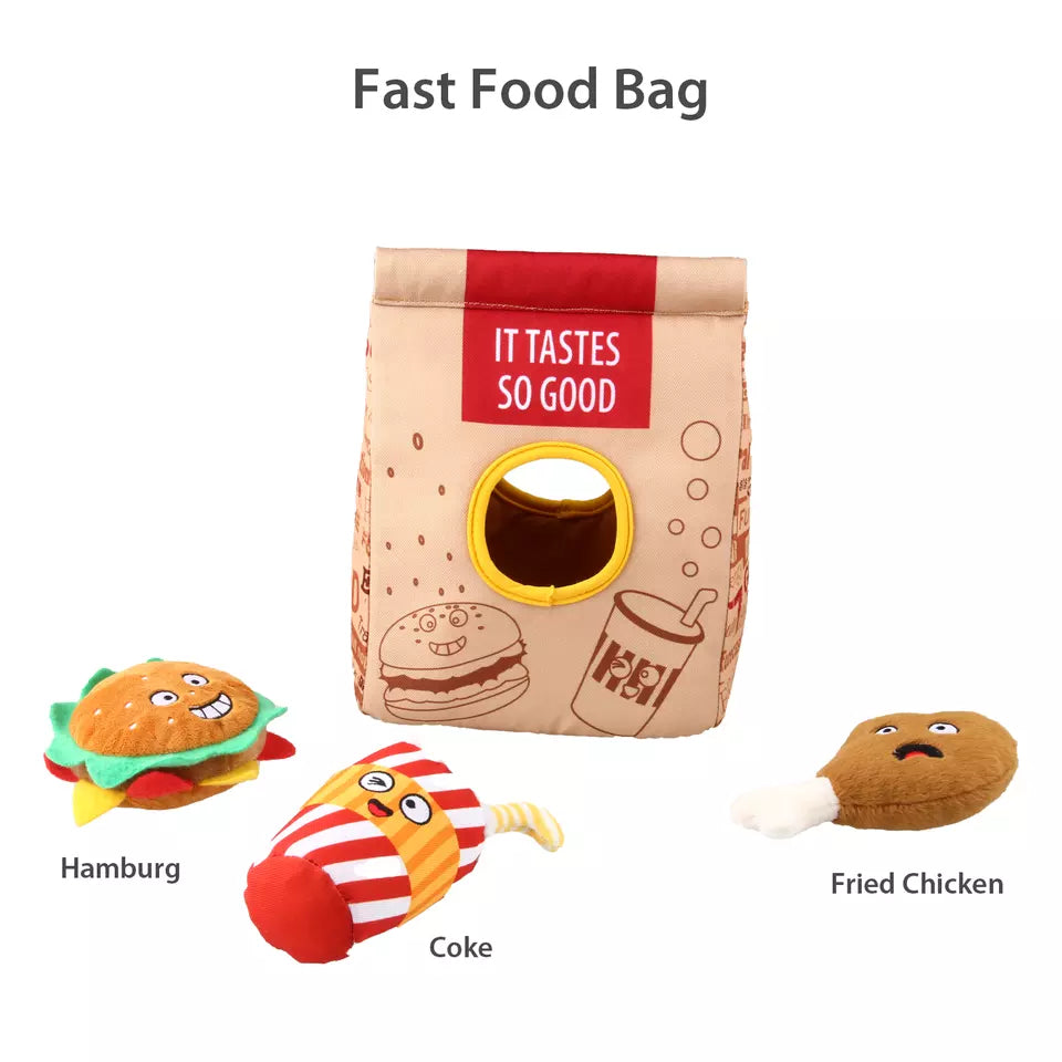 Gigwi Hide N’ Seek | Bolsa interactiva Fast Food para perros — foto oficial GiGwi