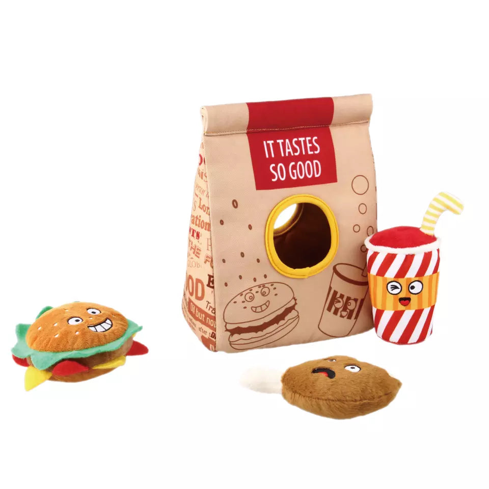 Gigwi Hide N’ Seek | Bolsa interactiva Fast Food para perros — foto oficial GiGwi