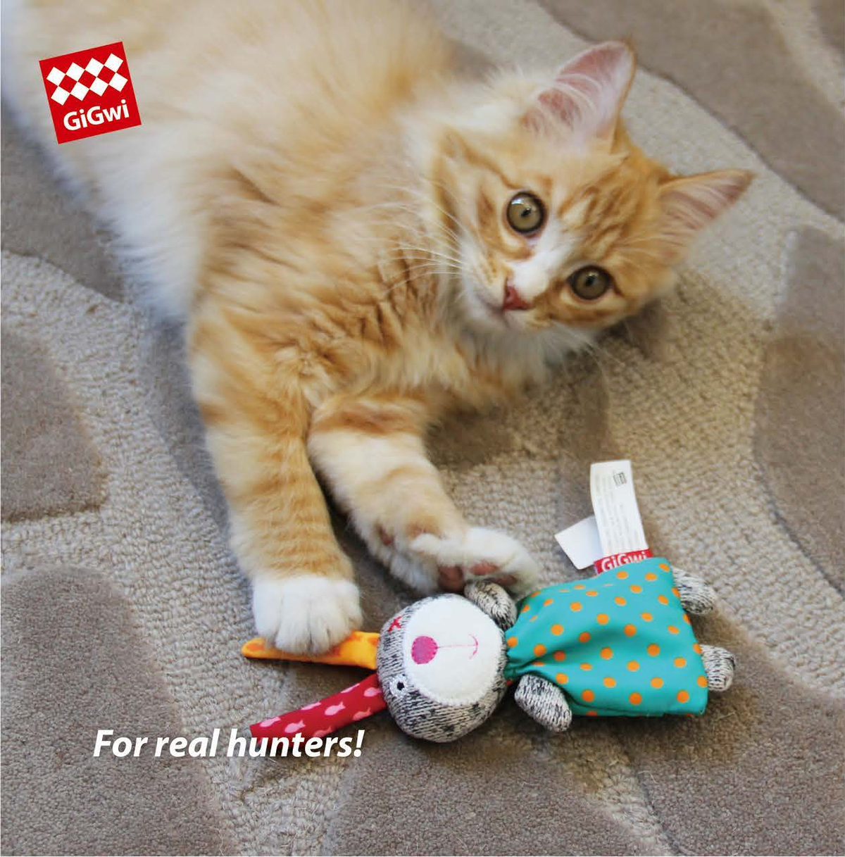 Gigwi Refillable Catnip | Conejo con 3 bolsitas de catnip para gatos en uso — fotografía original del catálogo GiGwi 2026