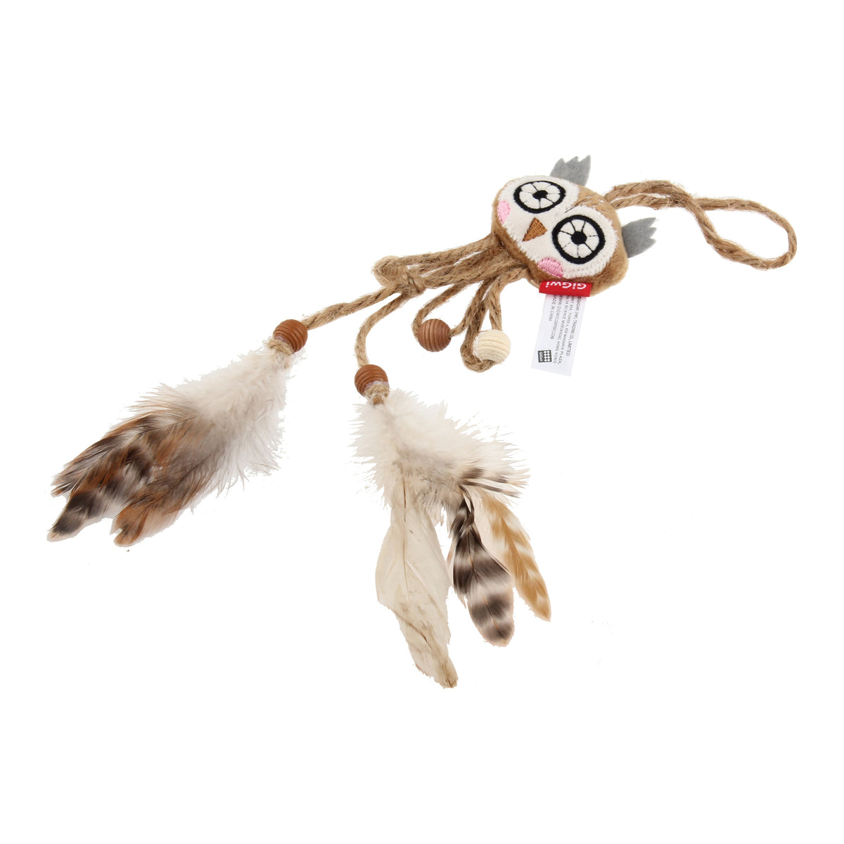 GiGwi Catch & Scratch Eco Line búho colgante con silvervine y plumas · vista diagonal
