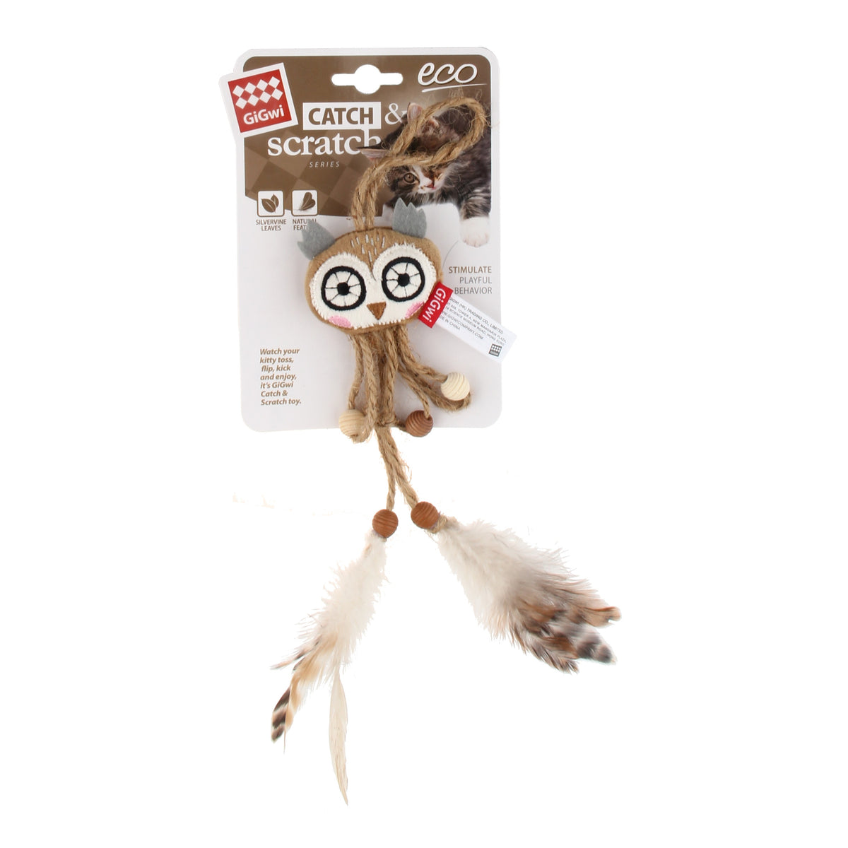 GiGwi Catch & Scratch Eco Line búho colgante con silvervine y plumas · con envase