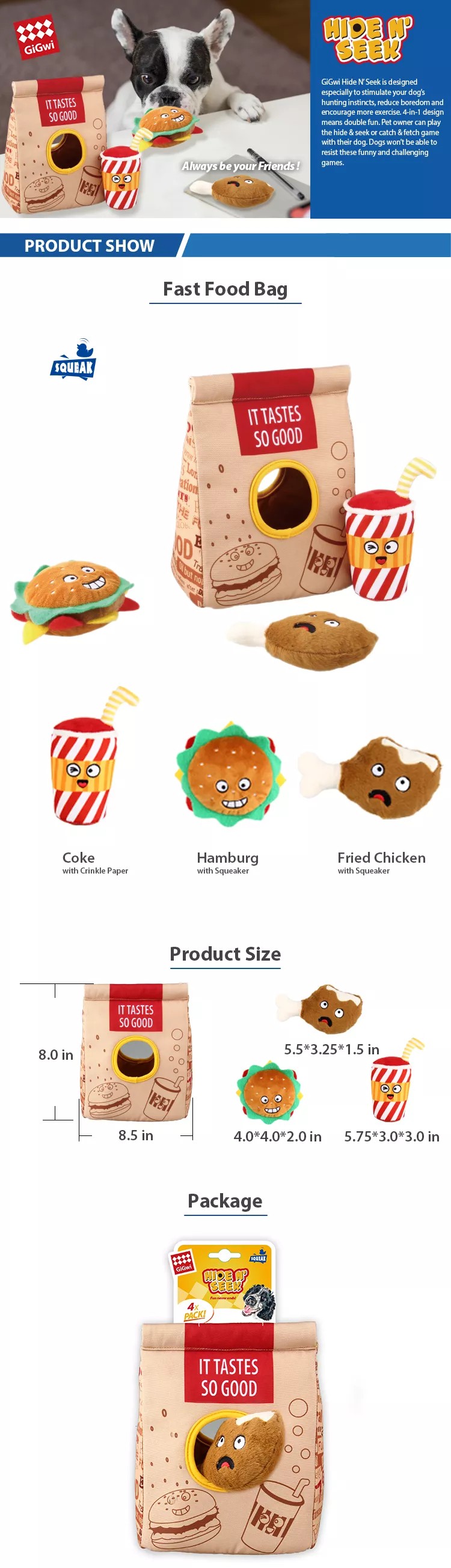 Gigwi Hide N’ Seek | Bolsa interactiva Fast Food para perros