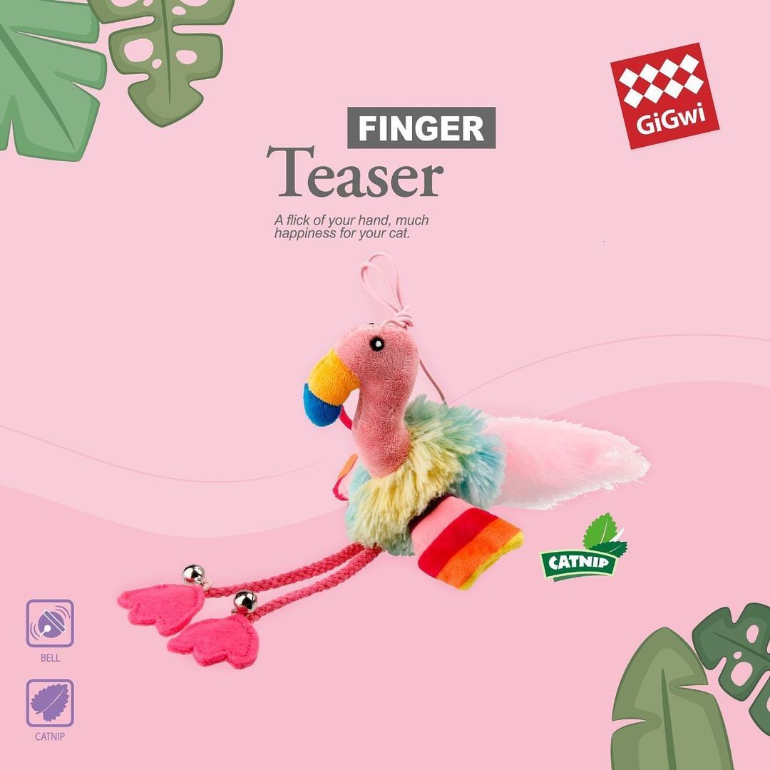 Gigwi | Juguete para gatos Finger ring pájaro rosado y azul con papel arrugado y campana dentro