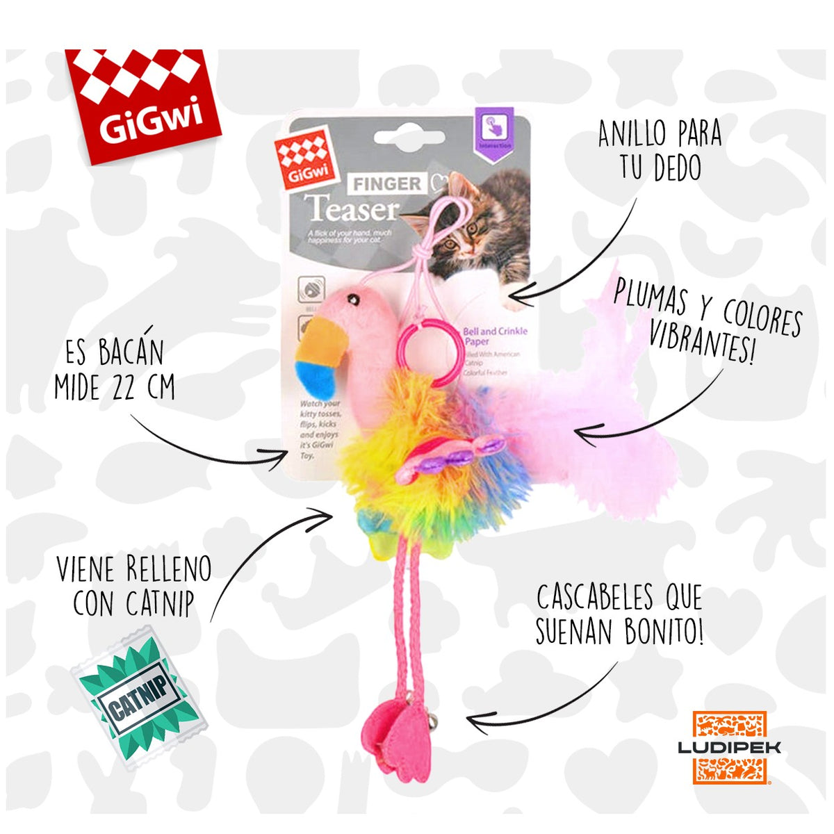 Gigwi | Juguete para gatos Finger ring pájaro rosado y azul con papel arrugado y campana dentro