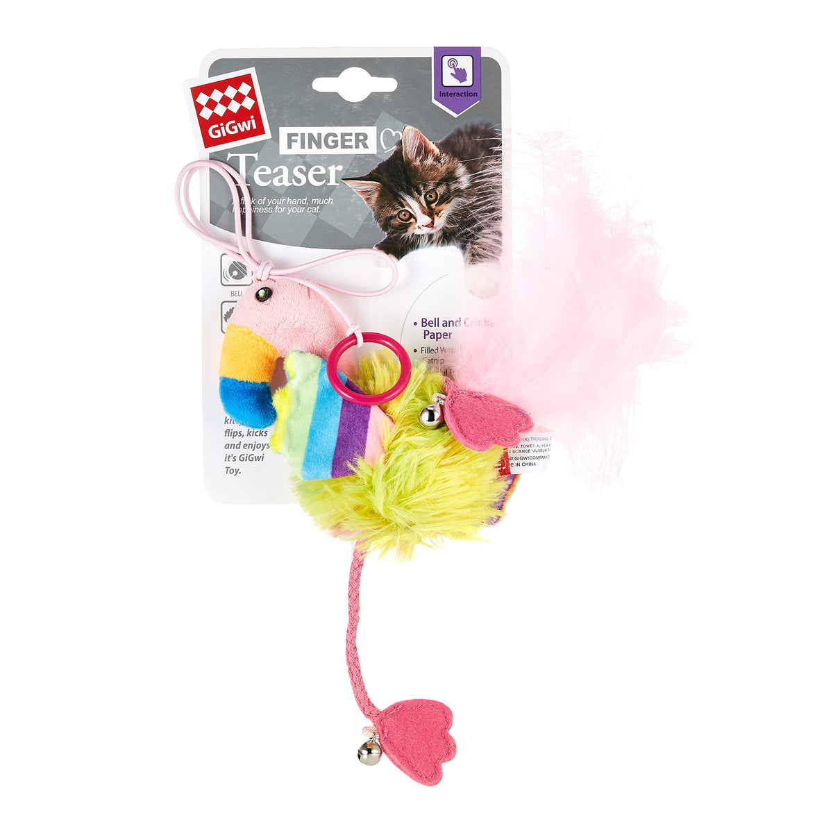 Gigwi | Juguete para gatos Finger ring pájaro rosado y azul con papel arrugado y campana dentro