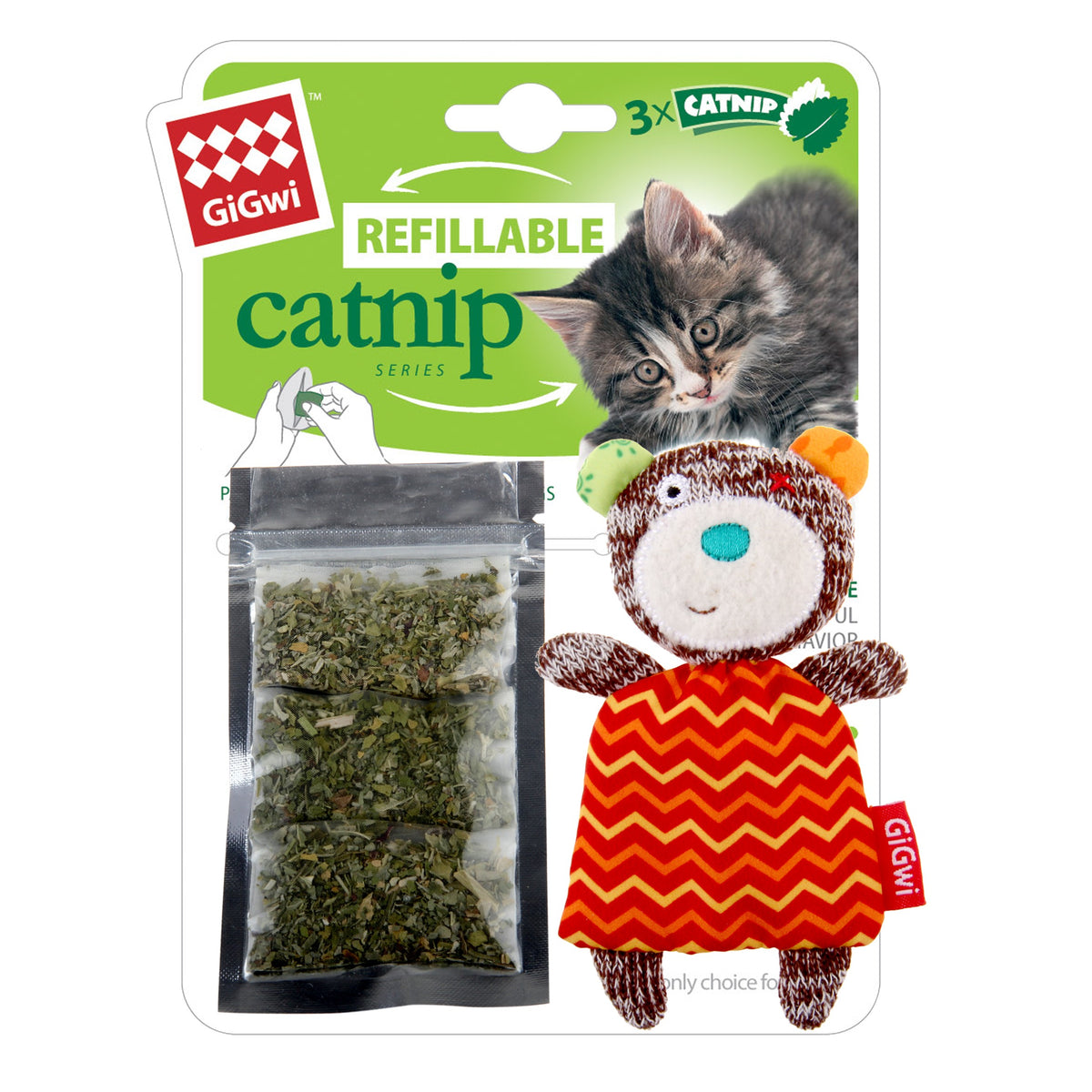 Gigwi Refillable Catnip | Oso con 3 bolsitas de recambio para gatos