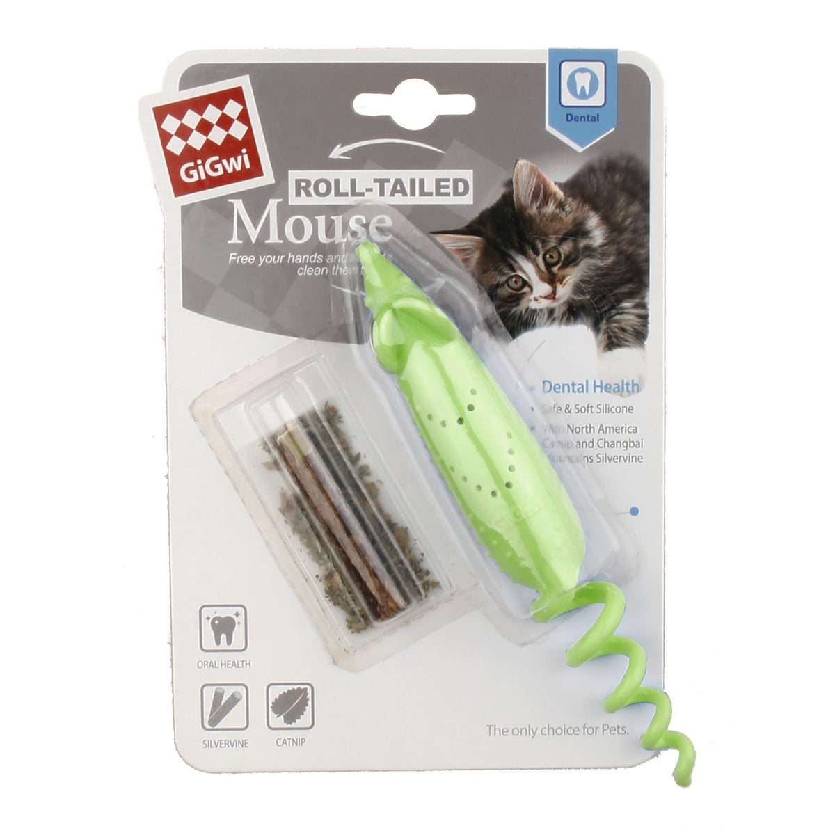 GiGwi Roll-Tailed ratón · verde · en su empaque