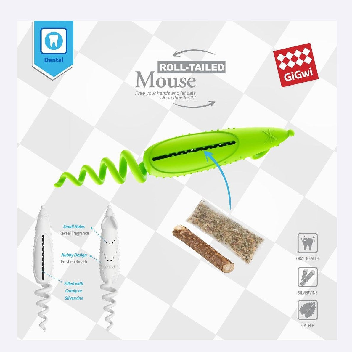 GiGwi Roll-Tailed ratón · verde · empaque y contenido