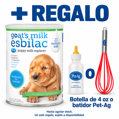 Esbilac | Leche maternizada de cabra para cachorros 340 g con 1 botella de 4 oz o 1 batidor Pet-Ag de regalo. Incluye un solo regalo, sujeto a disponibilidad. Hasta agotar stock.