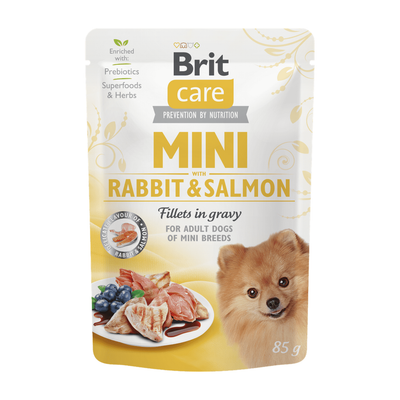 Brit Care Mini Rabbit&Salmon fillets in gravy — envase oficial referencial