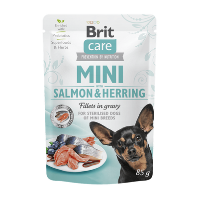 Brit Care Mini Salmon&Herring sterilised fillets in gravy — envase oficial referencial