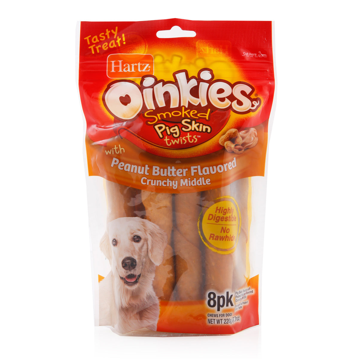 Hartz Oinkies Pig Skin Twists con centro crujiente sabor mantequilla de maní x 8 · envase frontal