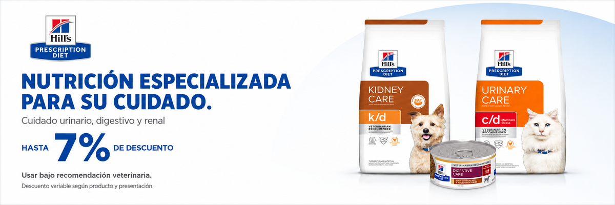 Hill's Prescription Diet: hasta 7% de descuento según presentación. Usar bajo recomendación veterinaria.