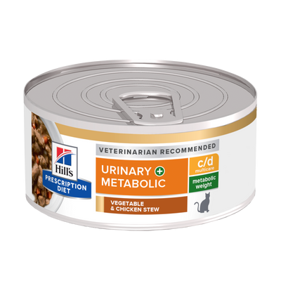 Hill's Prescription Diet | Alimento húmedo para gatos Urinary + Metabolic c/d Multicare. Estofado de pollo y vegetales (Lata de 82 g)