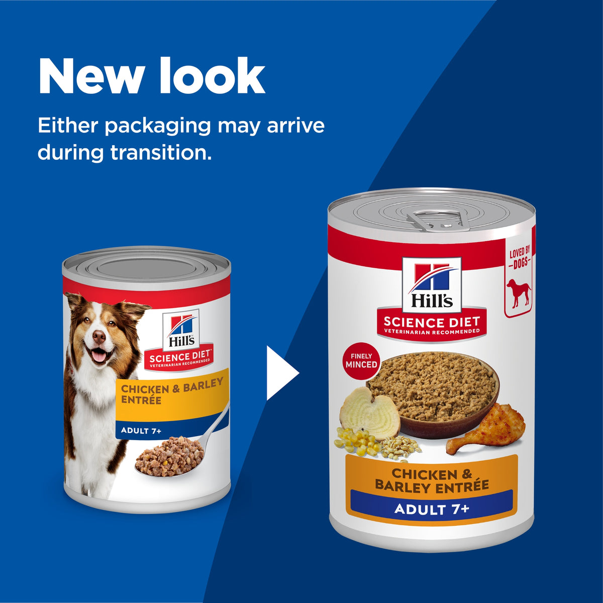 Hill's Science Diet Adult 7+ Chicken & Barley Entrée, alimento húmedo para perros maduros · cambio de empaque