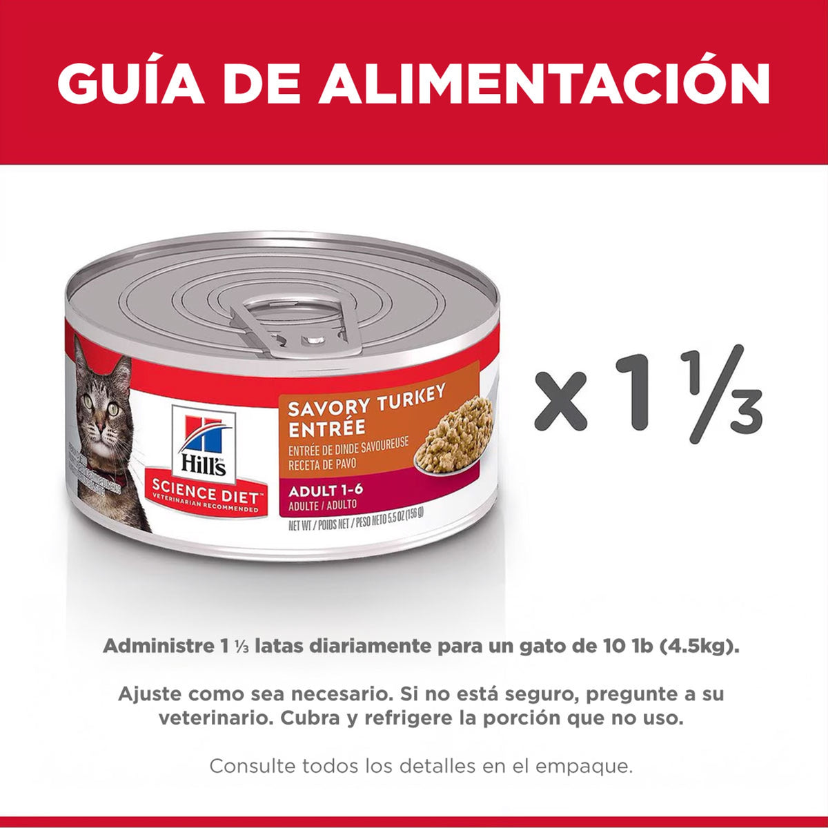 Hill's Science Diet Adult Savory Turkey Entrée, alimento húmedo para gatos adultos · guía de alimentación
