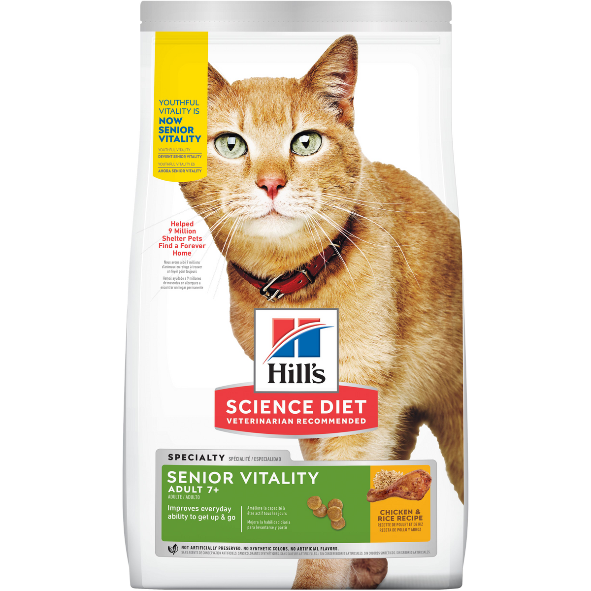 Hill's Science Diet | Alimento seco para gatos maduros Senior Vitality Adult 7+. Receta de pollo y arroz.