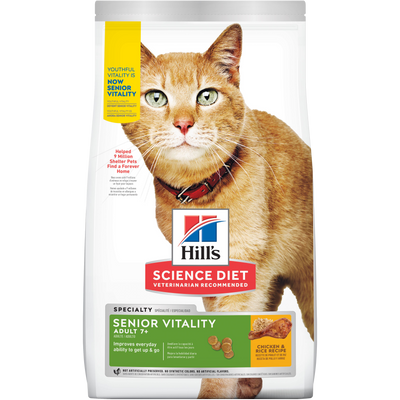 Hill's Science Diet | Alimento seco para gatos maduros Senior Vitality Adult 7+. Receta de pollo y arroz.