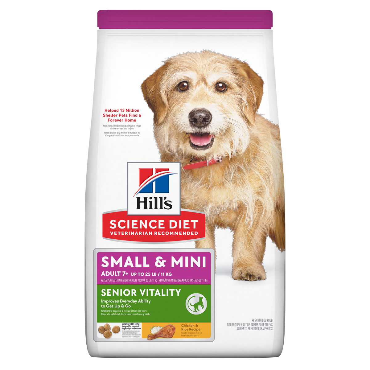 Hill's Science Diet | Alimento seco para perros maduros Adult 7+ Senior Vitality Small & Mini . Receta de pollo y arroz marrón.