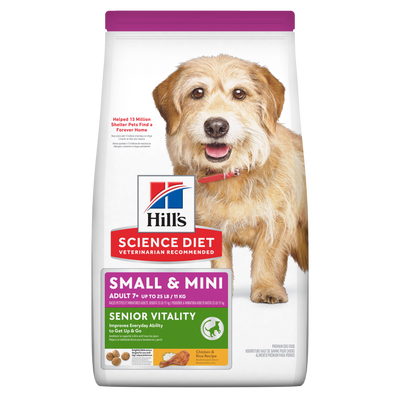 Hill's Science Diet | Alimento seco para perros maduros Adult 7+ Senior Vitality Small & Mini . Receta de pollo y arroz marrón.