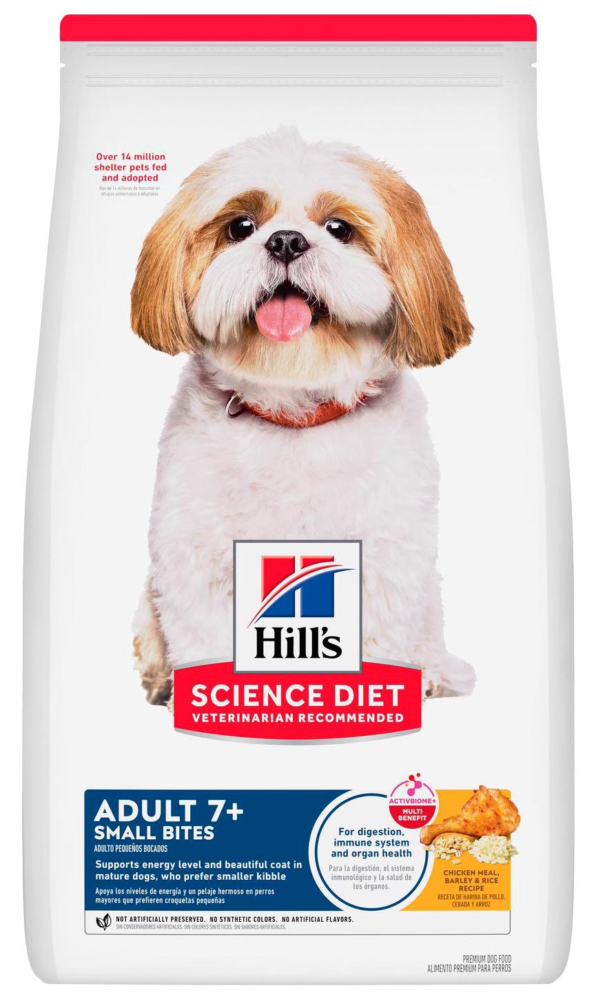 Hill's Science Diet | Alimento seco para perros maduros Adult 7+ Small Bites. Receta de pollo, cebada y arroz.