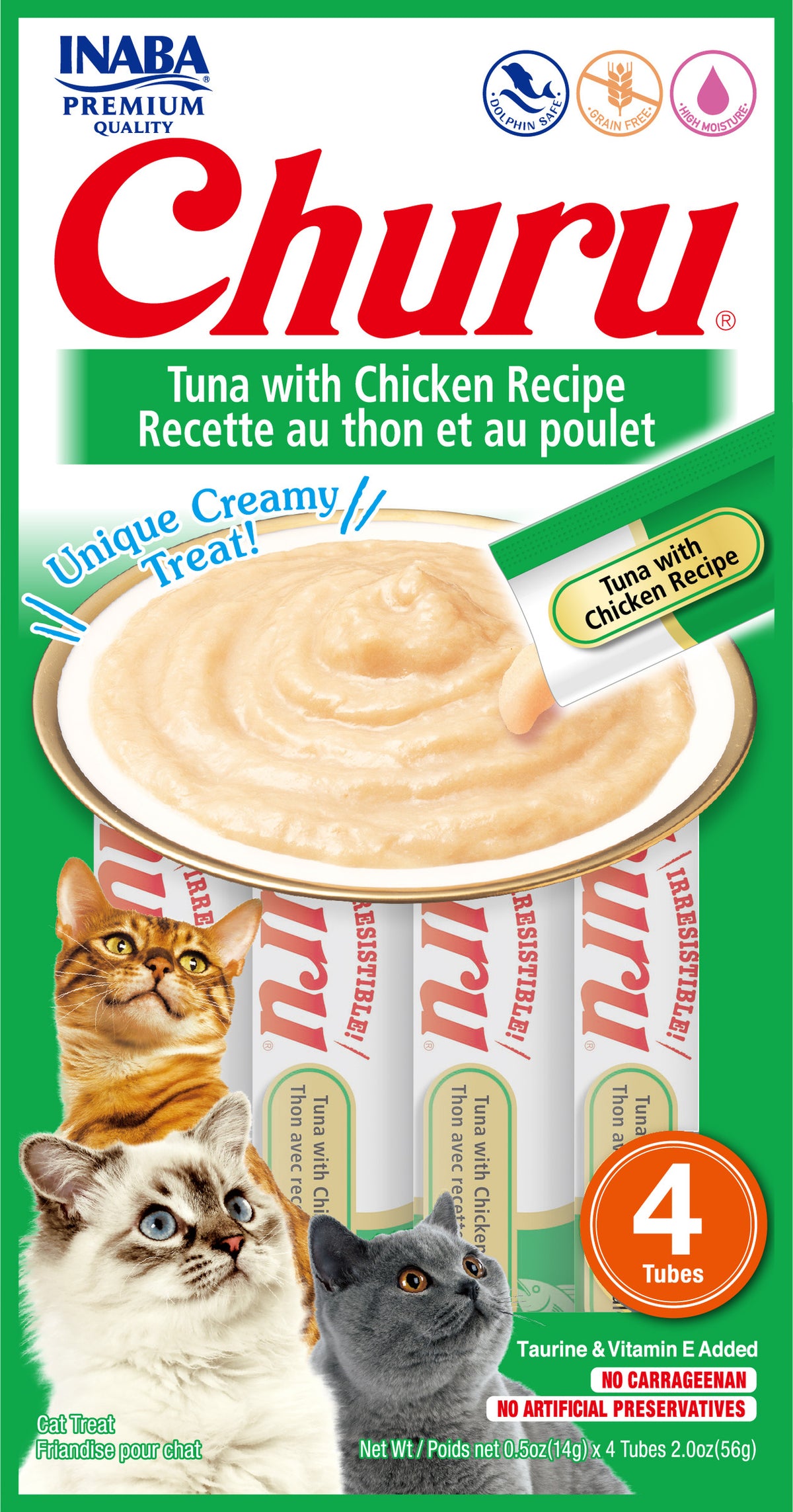 INABA Churu | Premio cremoso para gatos sabor atún con pollo — 4 tubitos