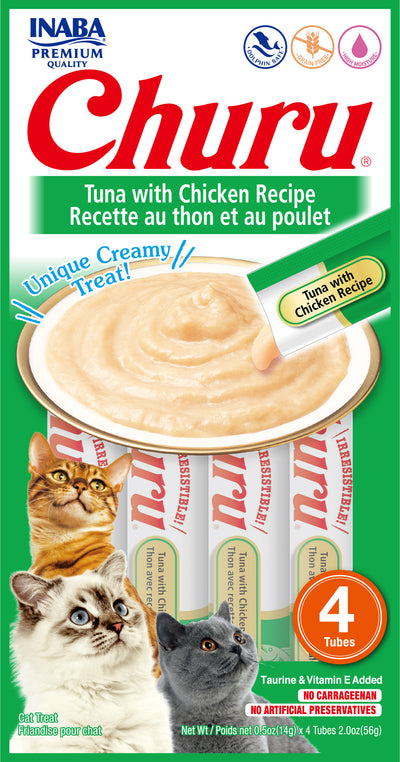 INABA Churu | Premio cremoso para gatos sabor atún con pollo — 4 tubitos