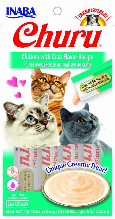 INABA Churu | Premio cremoso para gatos sabor pollo con cangrejo — 4 tubitos