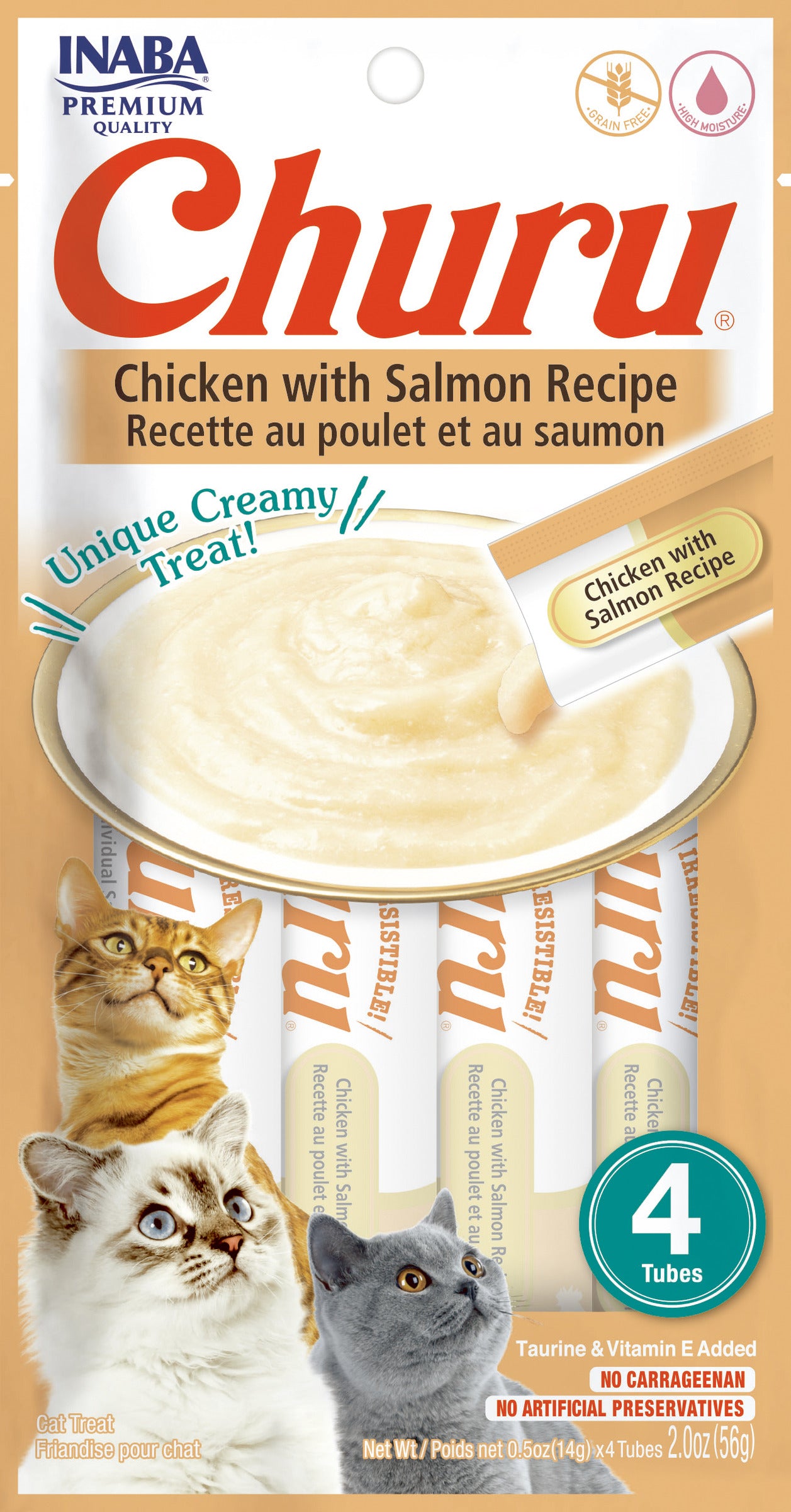 INABA Churu | Premio cremoso para gatos sabor pollo con salmón — 4 tubitos