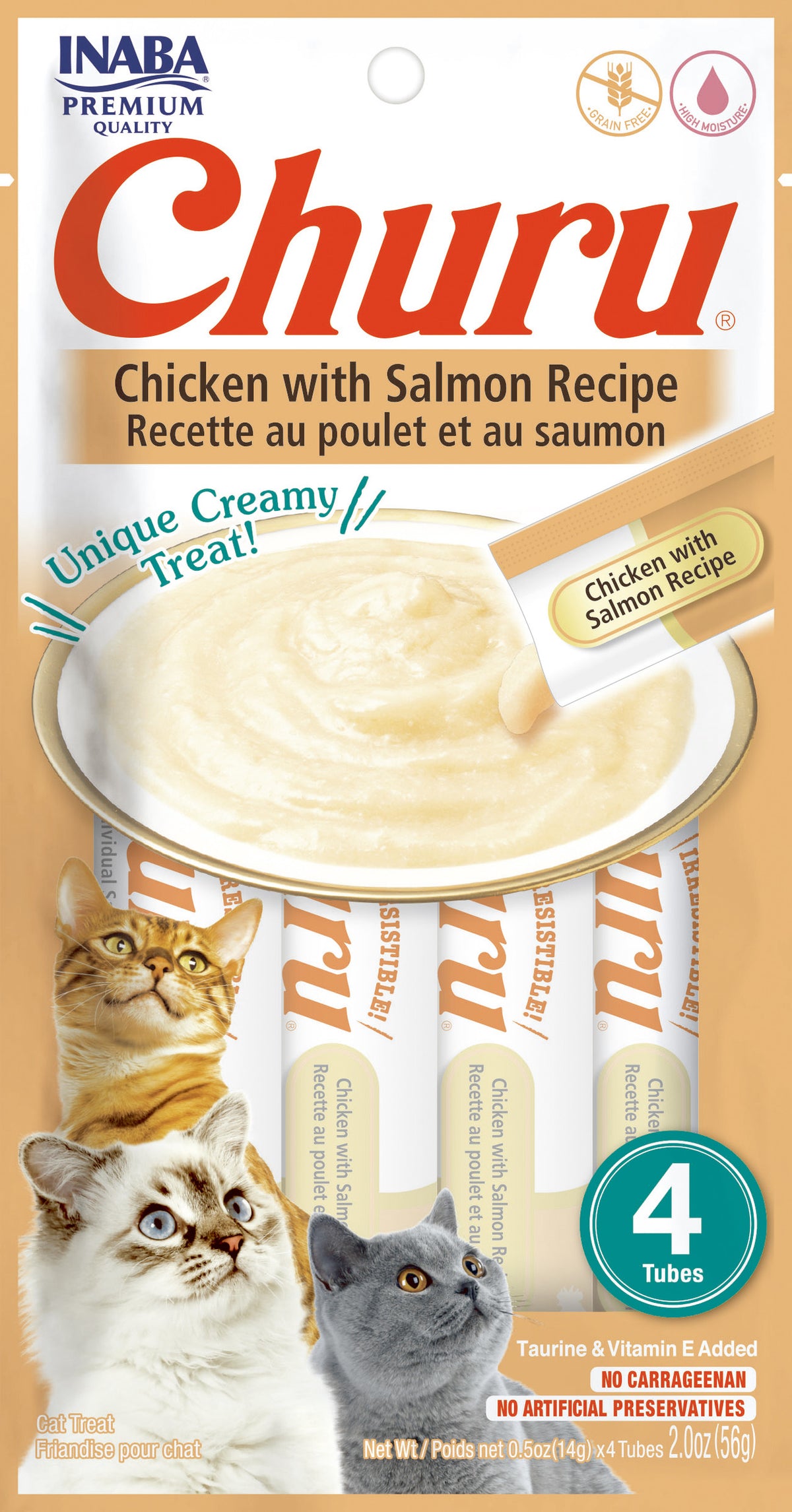 INABA Churu | Premio cremoso para gatos sabor pollo con salmón — 4 tubitos