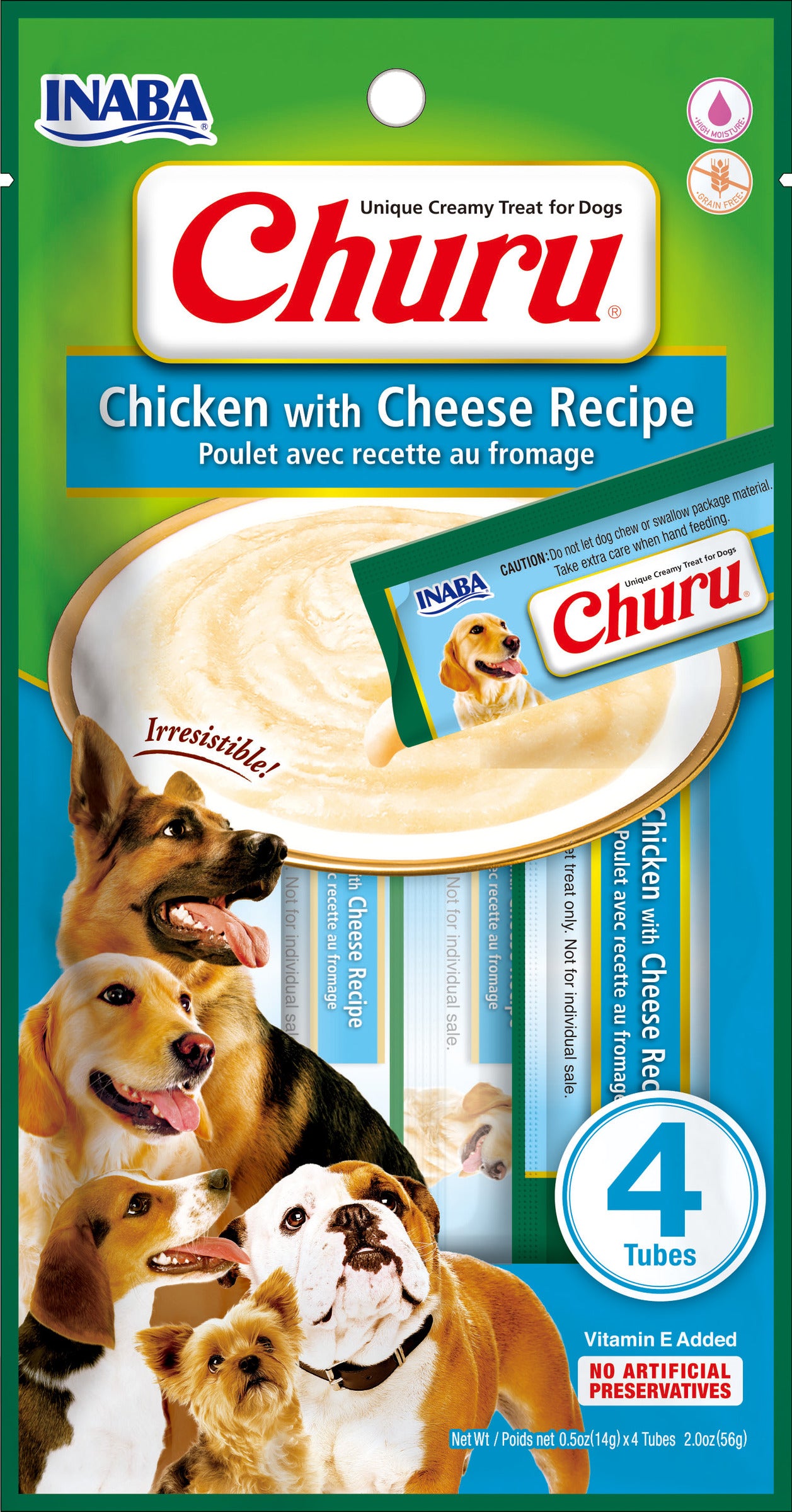 INABA Churu | Premio cremoso para perros sabor pollo con queso — 4 tubos de 14 g (56 g)