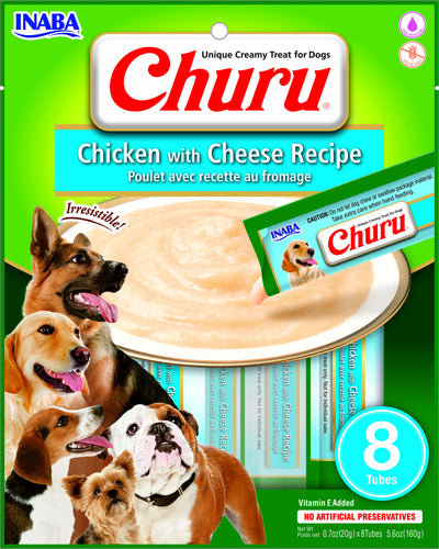 INABA Churu | Premio cremoso para perros sabor pollo con queso — 8 tubos de 20 g (160 g)