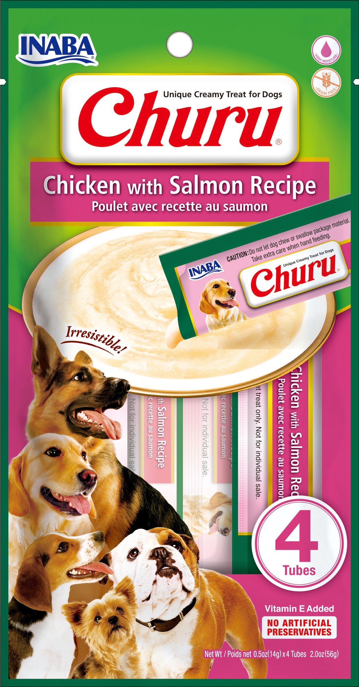 INABA Churu | Premio cremoso para perros sabor pollo con salmón — 4 tubos de 14 g (56 g)