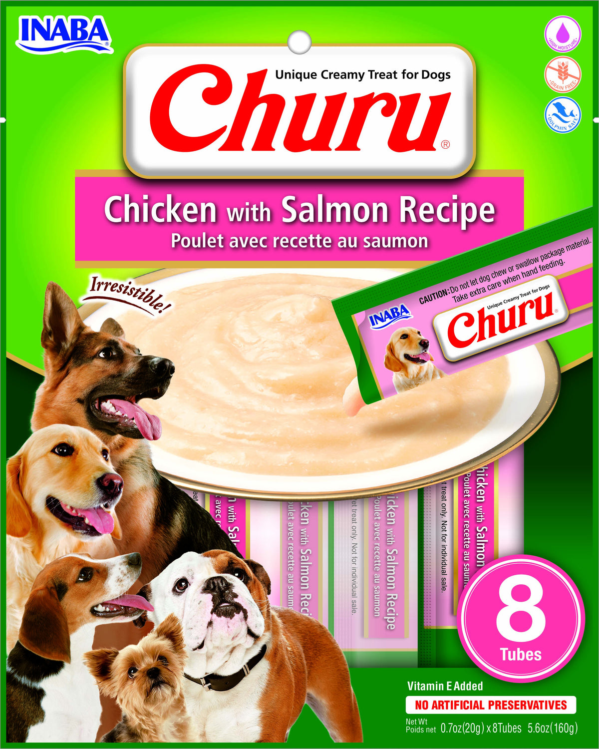 INABA Churu | Premio cremoso para perros sabor pollo con salmón — 8 tubos de 20 g (160 g)