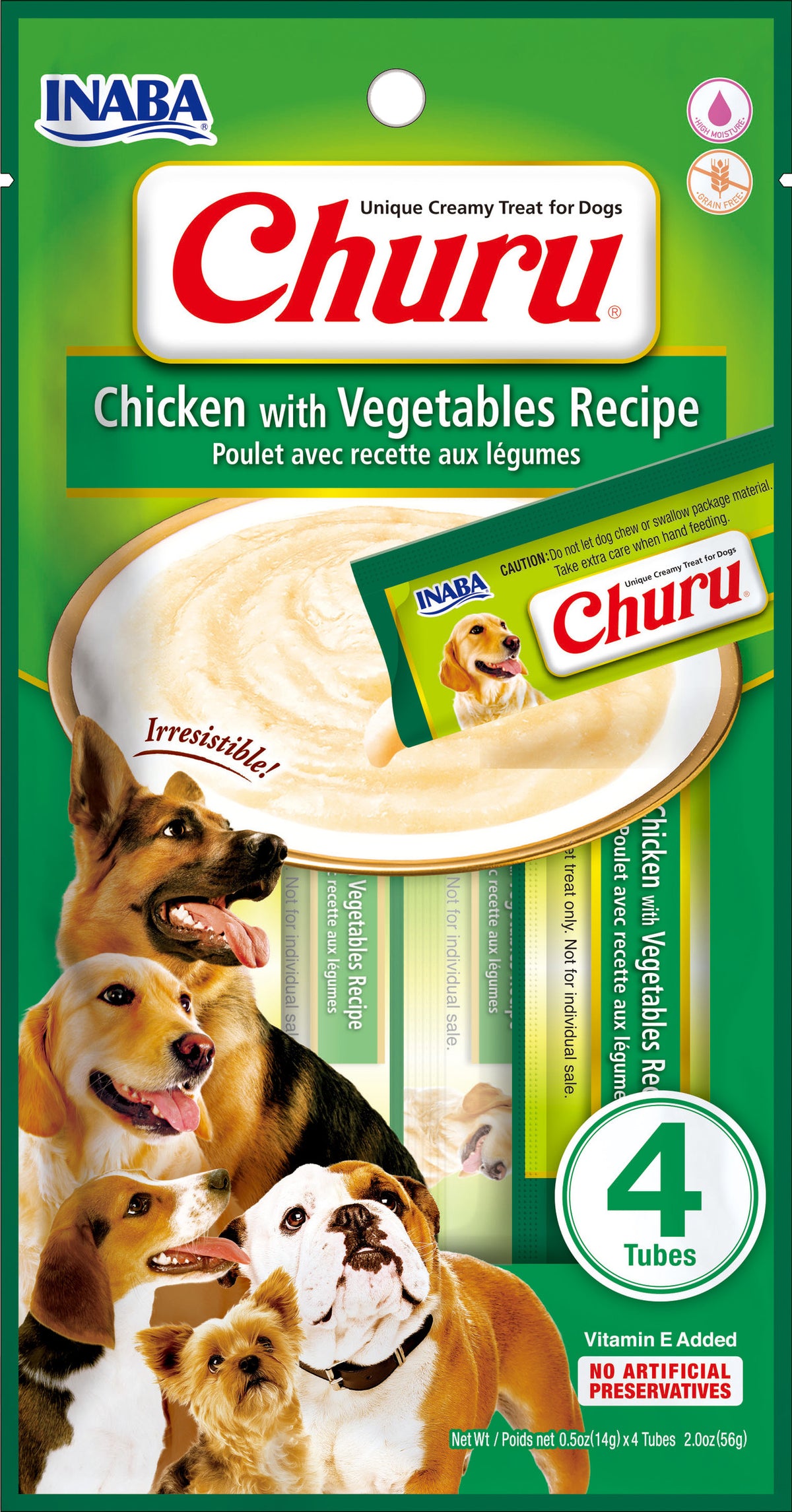 INABA Churu | Premio cremoso para perros sabor pollo con vegetales — 4 tubos de 14 g (56 g)
