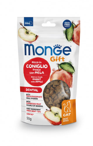 Monge Gift Meat Minis Dental para gatos, conejo y manzana, 50 g