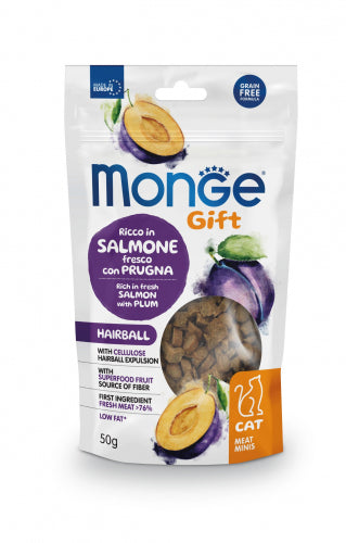 Monge Gift Meat Minis Hairball para gatos, salmón y ciruela, 50 g