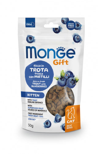 Monge Gift Meat Minis para gatitos, trucha y arándanos, 50 g