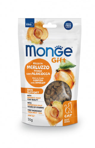 Monge Gift Meat Minis Skin Support para gatos, bacalao y albaricoque, 50 g